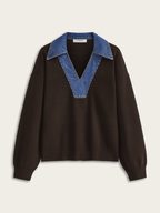 Denim Accented V-Neck Sweater with Collar Detail