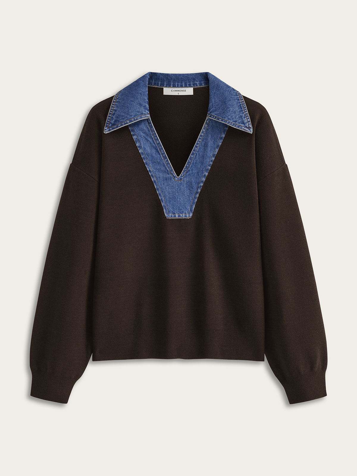 Denim Accented V-Neck Sweater with Collar Detail