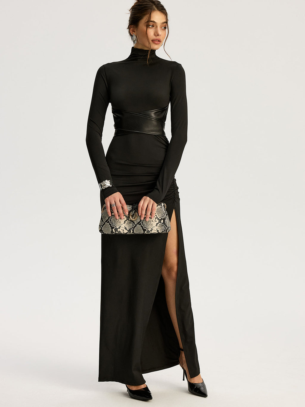 High-Slit Turtleneck Maxi Dress with Belt Detail