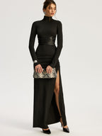 High-Slit Turtleneck Maxi Dress with Belt Detail