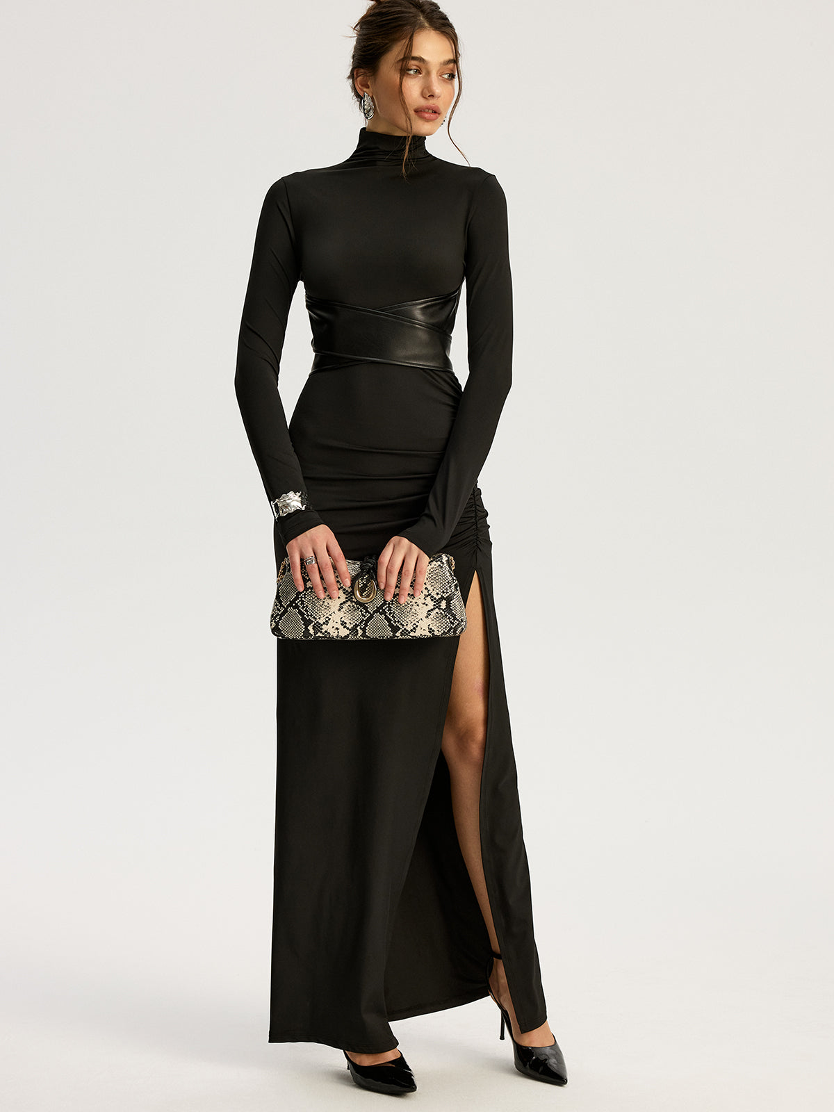 High-Slit Turtleneck Maxi Dress with Belt Detail