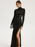 High-Slit Turtleneck Maxi Dress with Belt Detail
