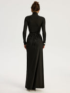High-Slit Turtleneck Maxi Dress with Belt Detail