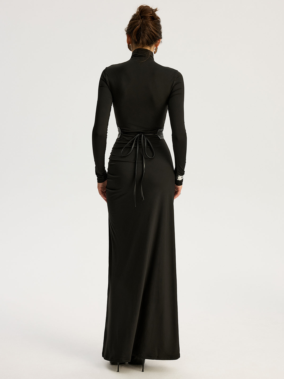 High-Slit Turtleneck Maxi Dress with Belt Detail