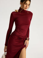 Metallic Floral Ruched Mock Neck Maxi Dress