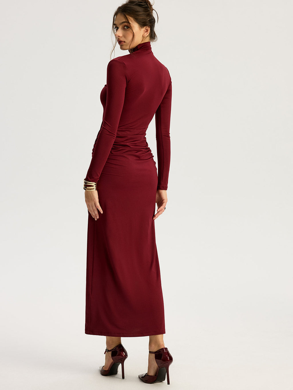 Metallic Floral Ruched Mock Neck Maxi Dress