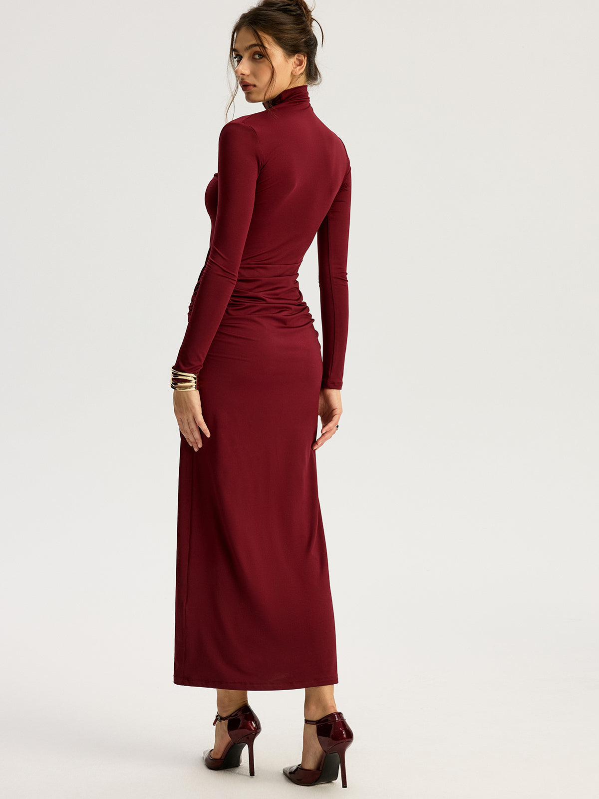 Metallic Floral Ruched Mock Neck Maxi Dress