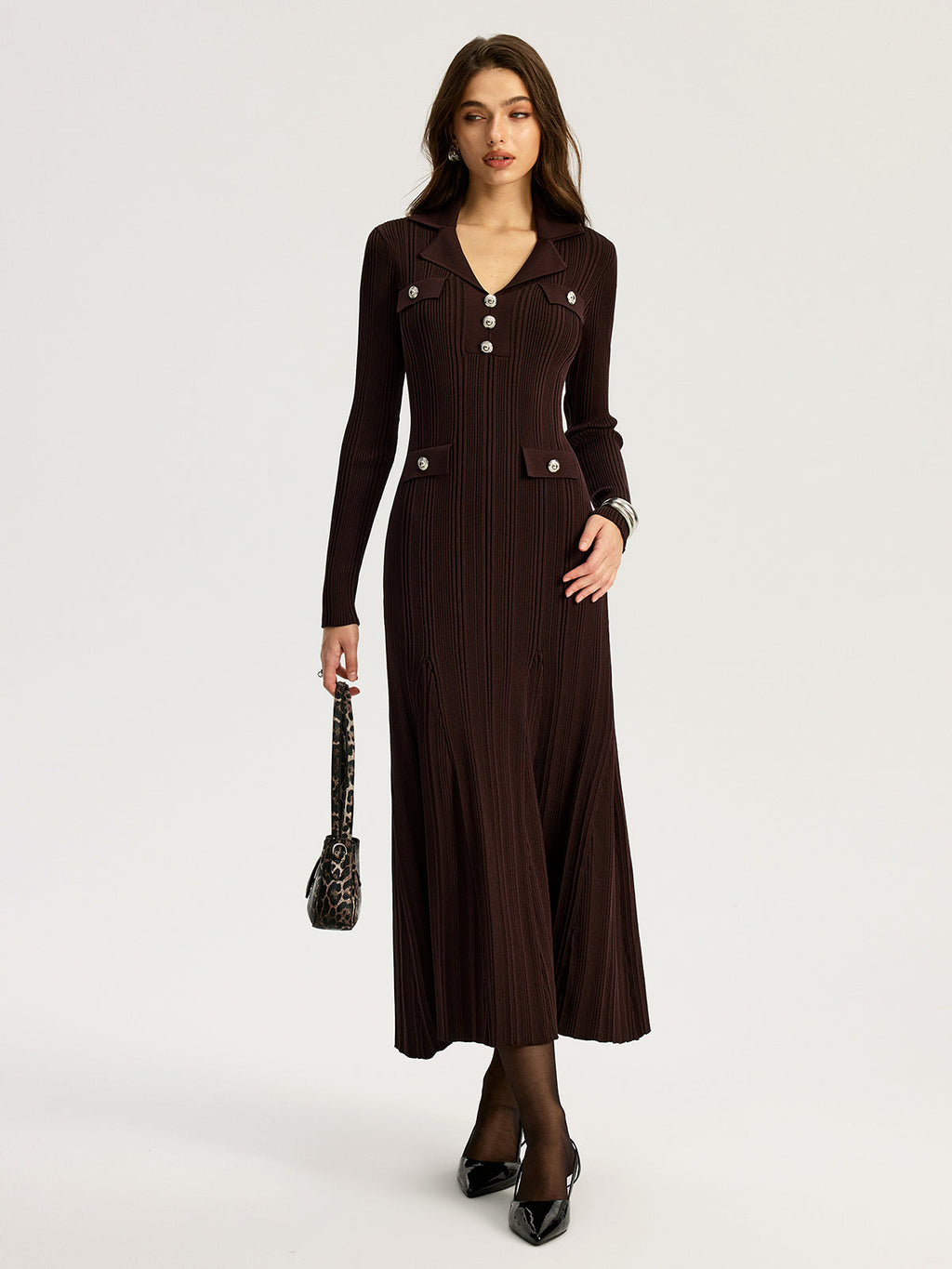 Lapel Metal Accent Sweater Maxi Dress