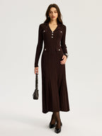 Lapel Metal Accent Sweater Maxi Dress