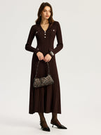 Lapel Metal Accent Sweater Maxi Dress