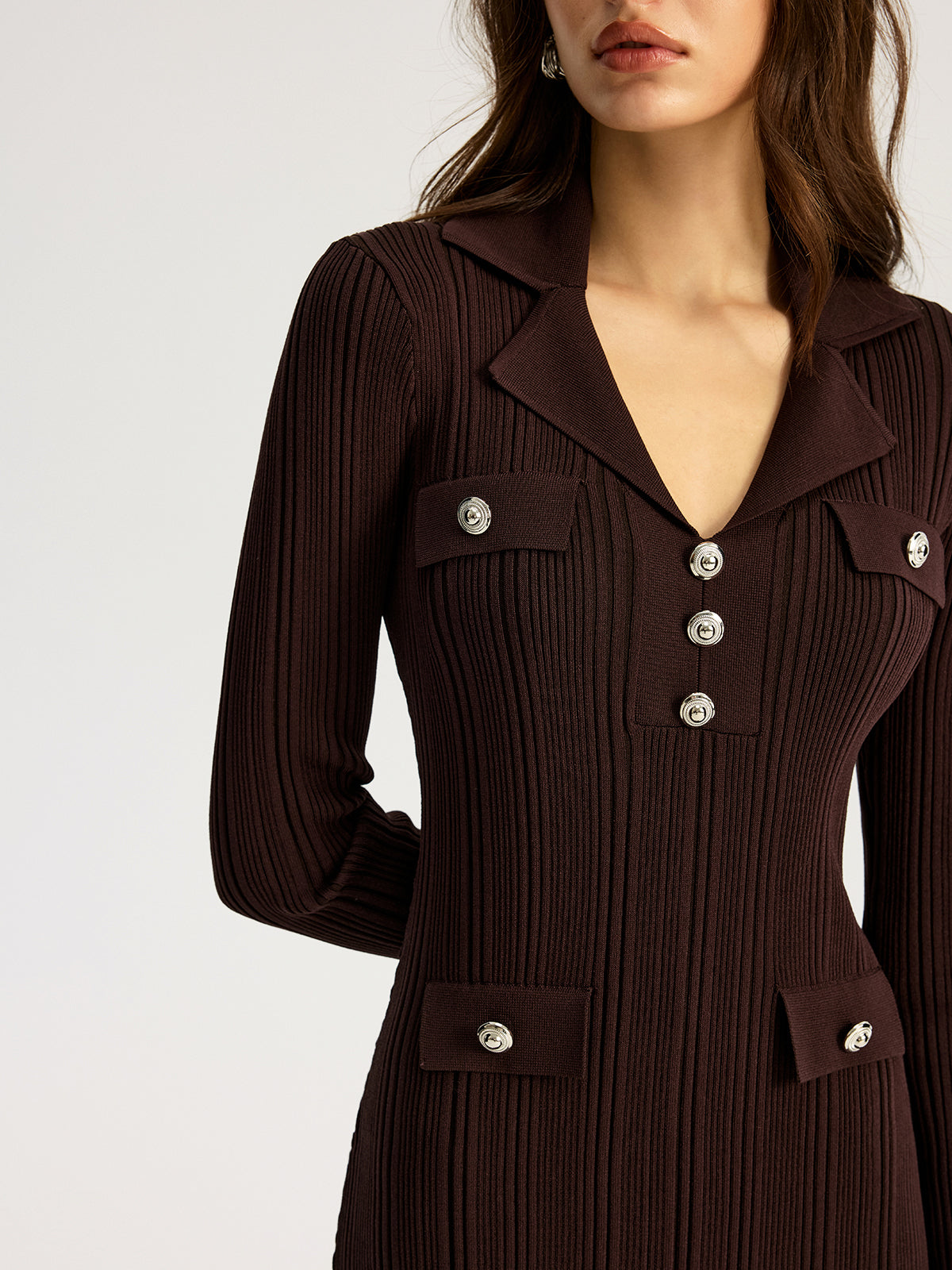 Lapel Metal Accent Sweater Maxi Dress