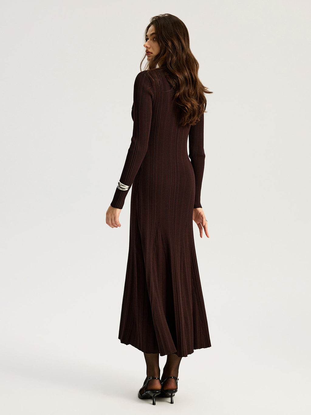 Lapel Metal Accent Sweater Maxi Dress