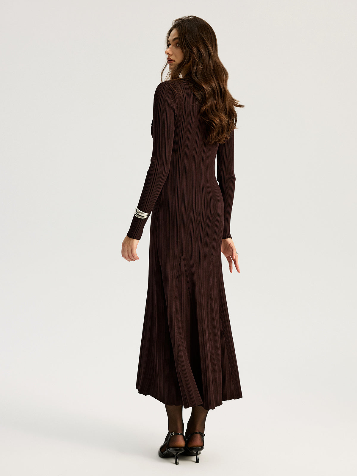 Lapel Metal Accent Sweater Maxi Dress