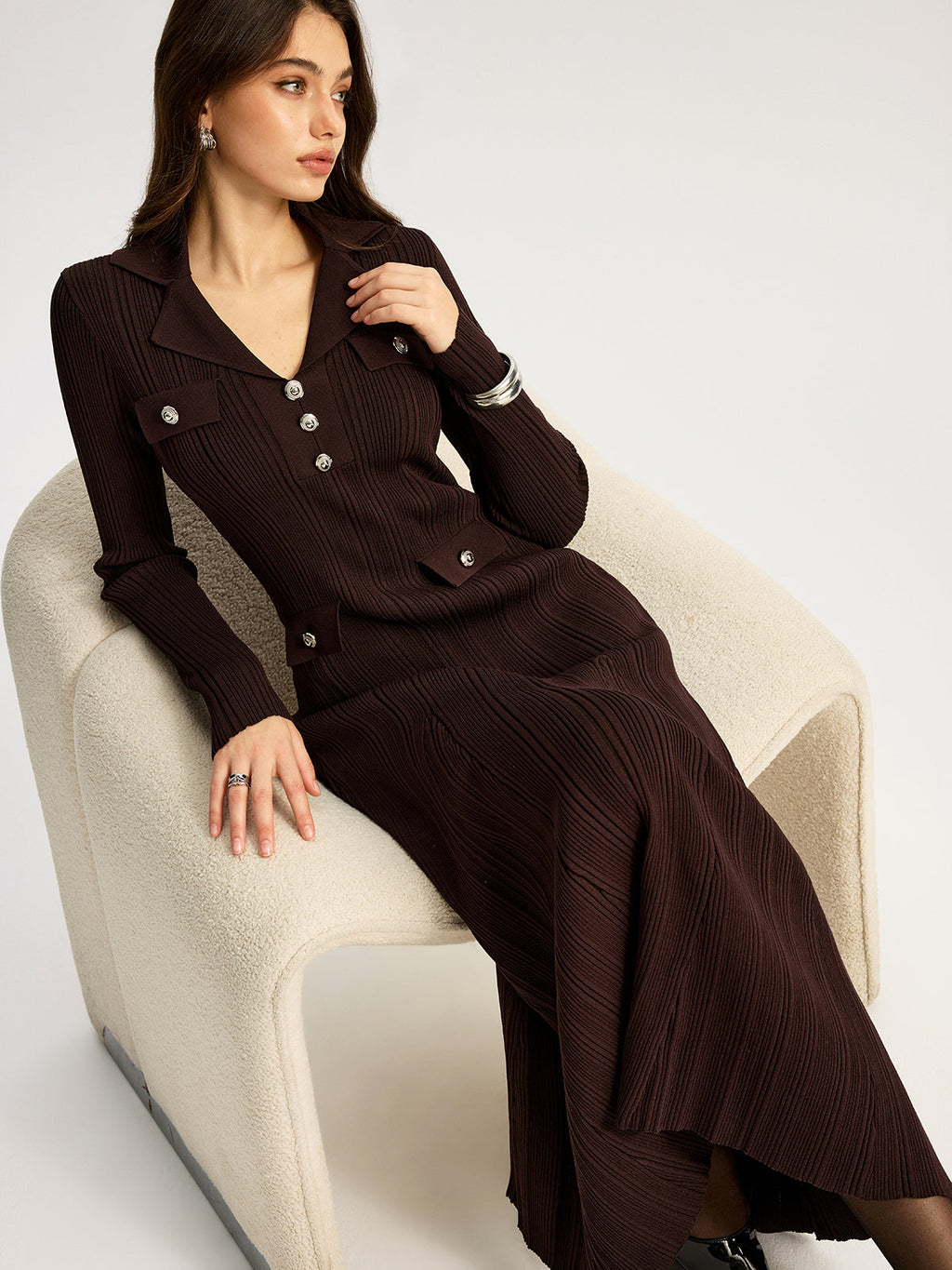 Lapel Metal Accent Sweater Maxi Dress