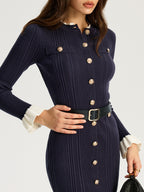 Metal Button Belted Mini Dress with Contrast Cuffs