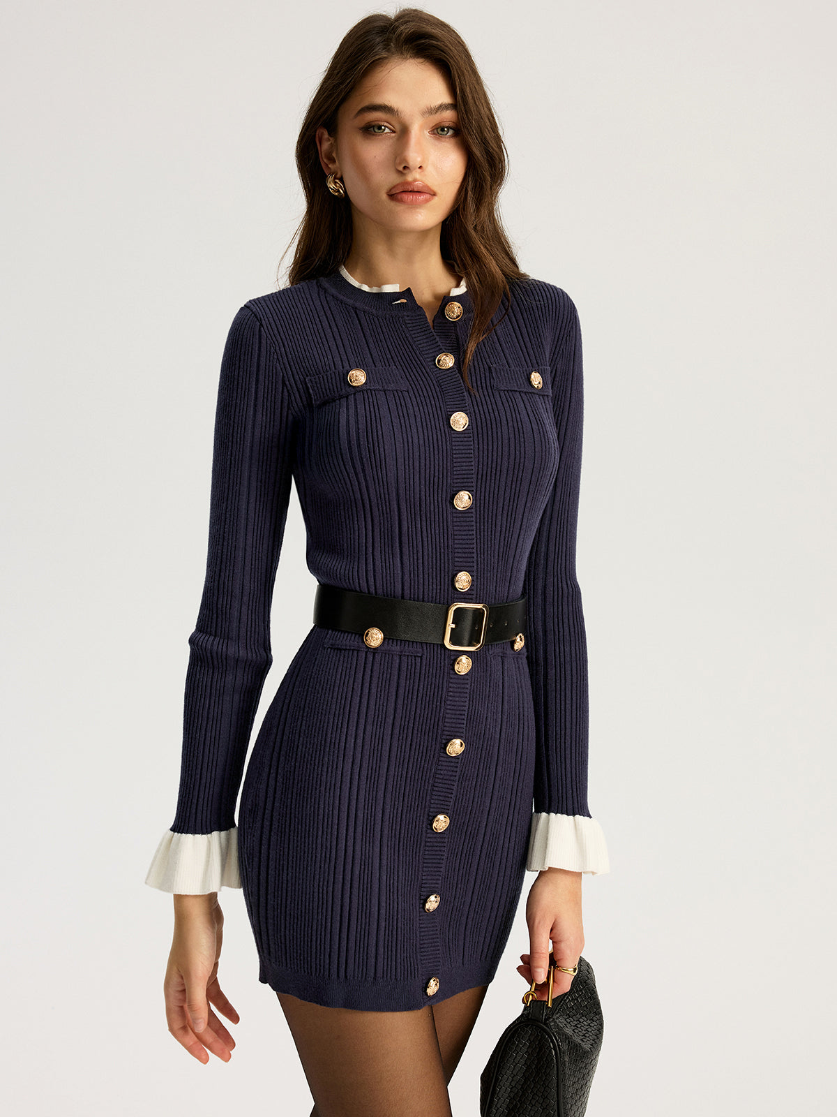 Contrast Cuff Belted Mini Dress with Metal Buttons