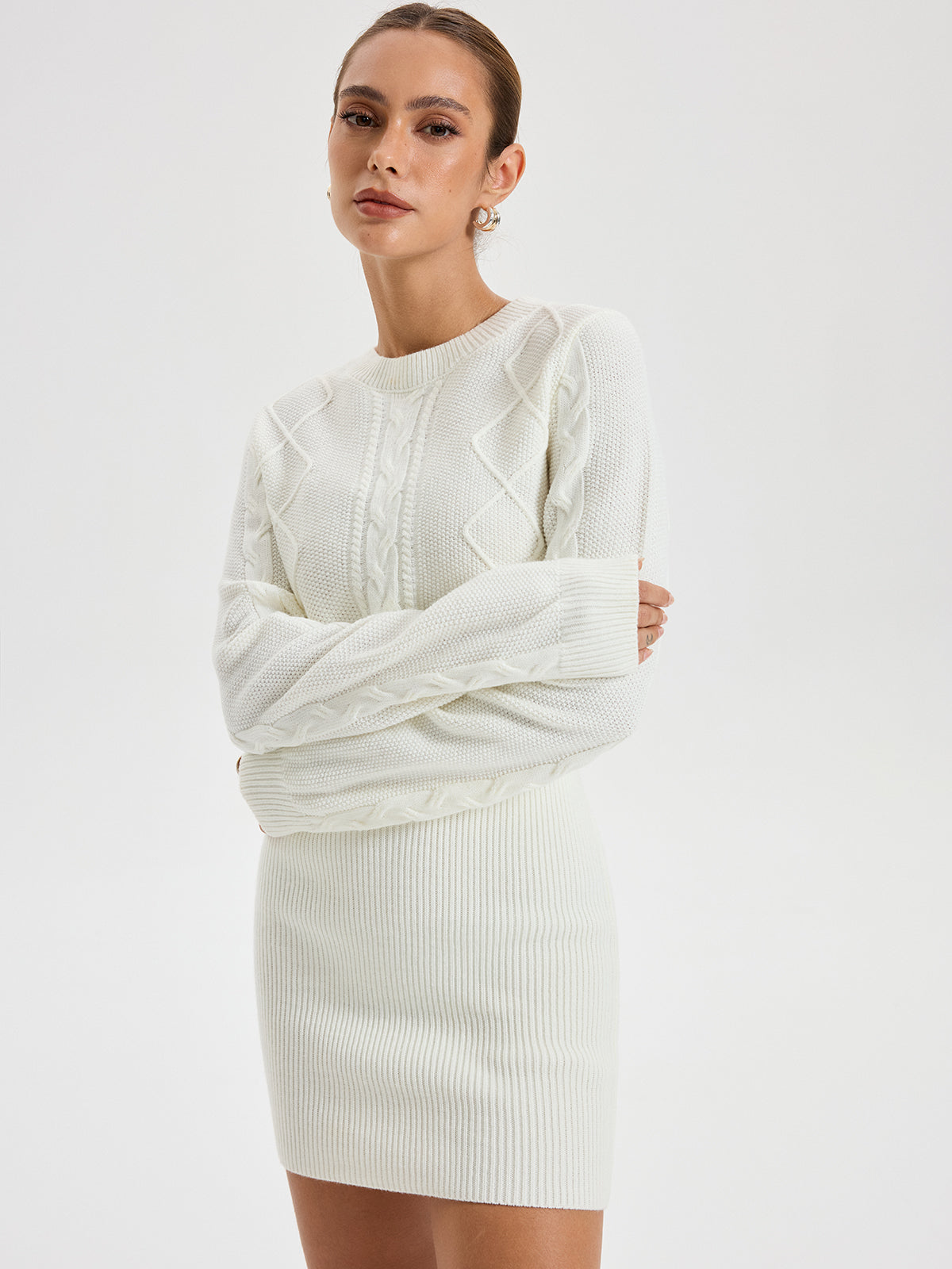 Cozy Cable Knit Crewneck Long Sweater Dress