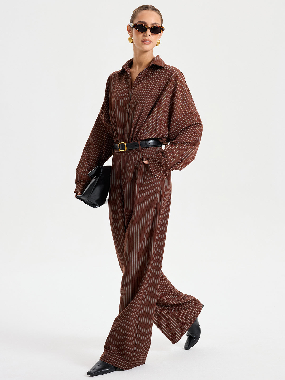 Pinstripe Long Sleeve Bodysuit with Shirt Collar