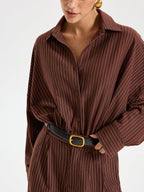 Pinstripe Long Sleeve Bodysuit with Shirt Collar