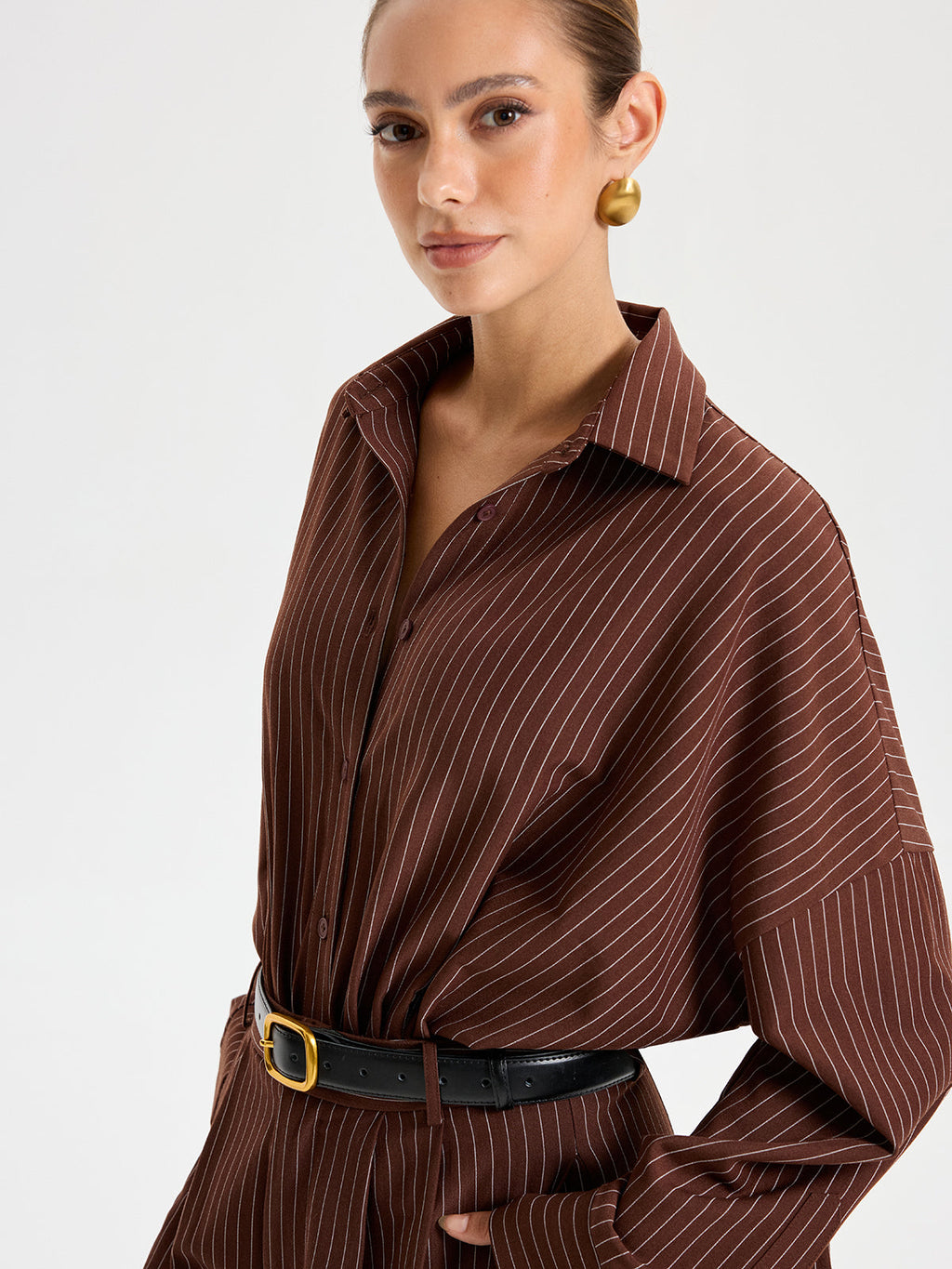 Pinstripe Long Sleeve Bodysuit with Shirt Collar