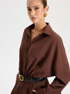 Pinstripe Long Sleeve Bodysuit with Shirt Collar