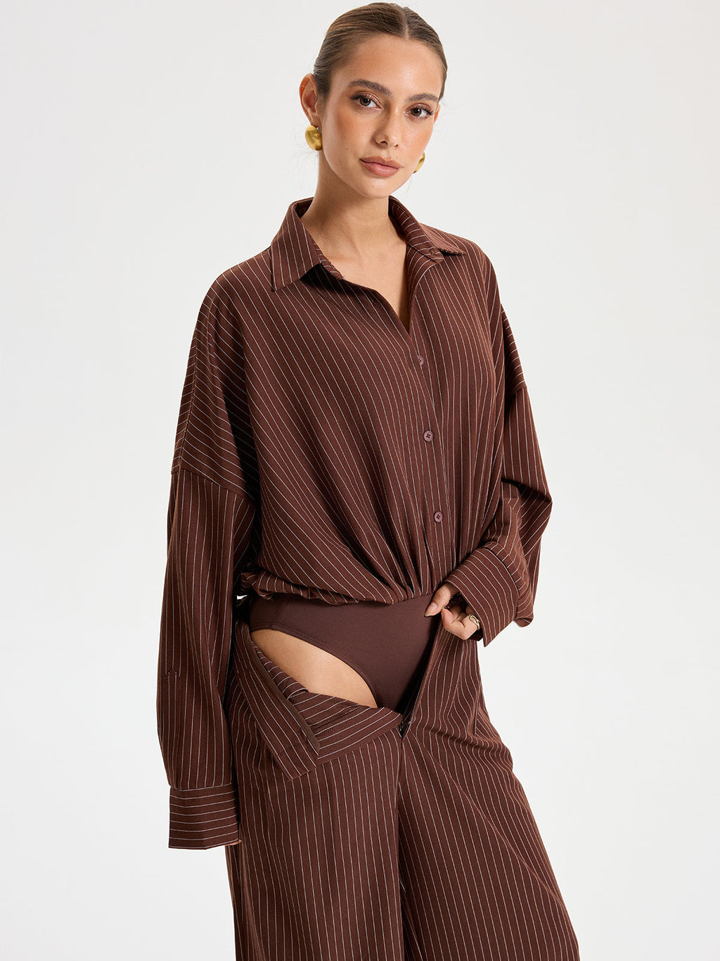 Pinstripe Long Sleeve Bodysuit with Shirt Collar