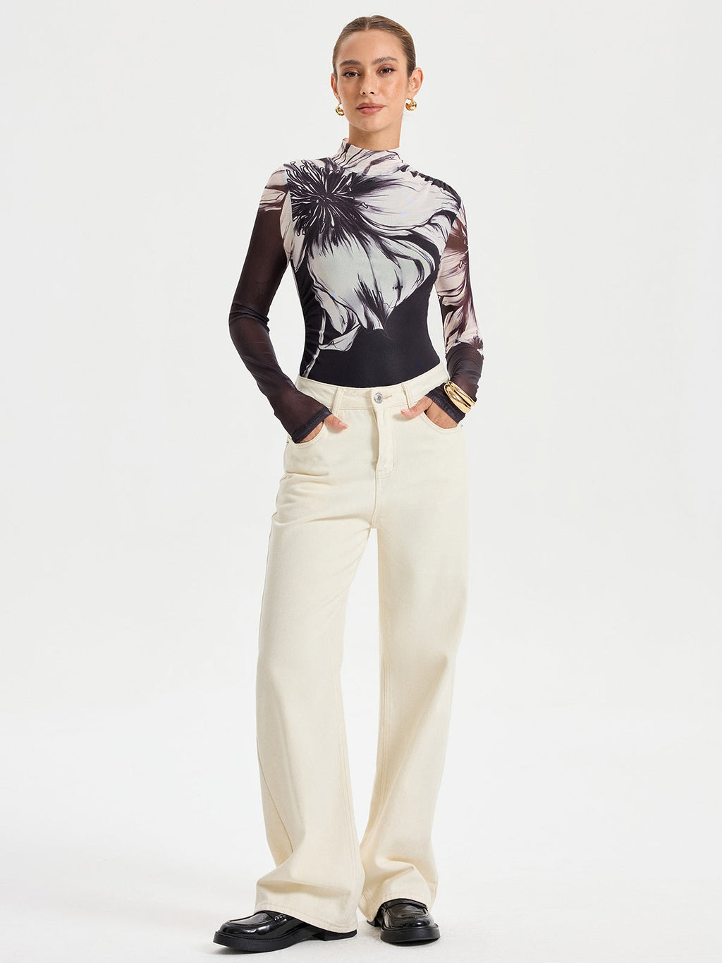 Mesh Bodysuit with Elegant Floral Print Detail