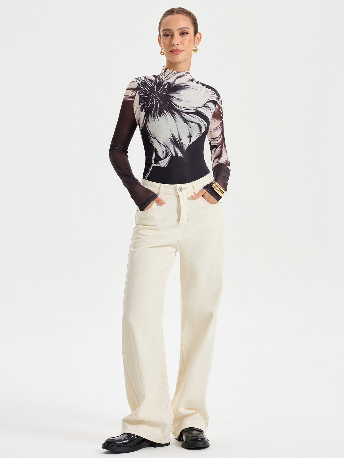Mesh Bodysuit with Elegant Floral Print Detail