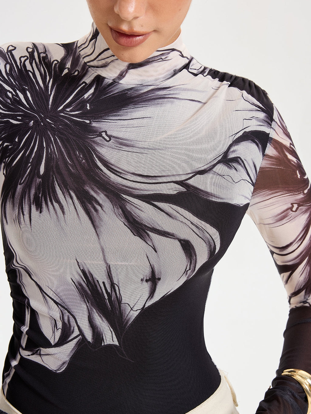 Mesh Bodysuit with Elegant Floral Print Detail