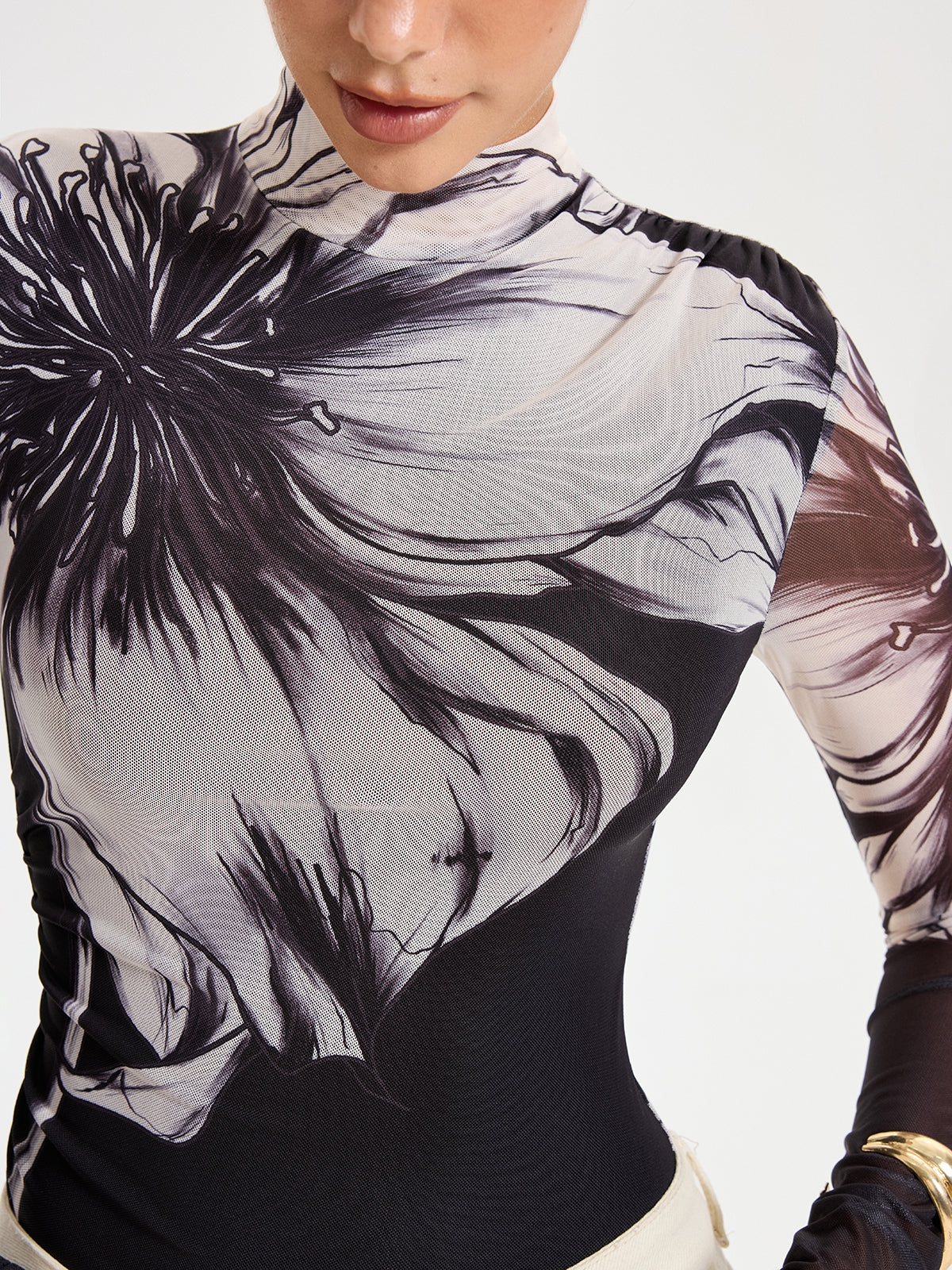 Mesh Bodysuit with Elegant Floral Print Detail
