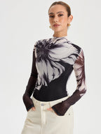 Mesh Bodysuit with Elegant Floral Print Detail