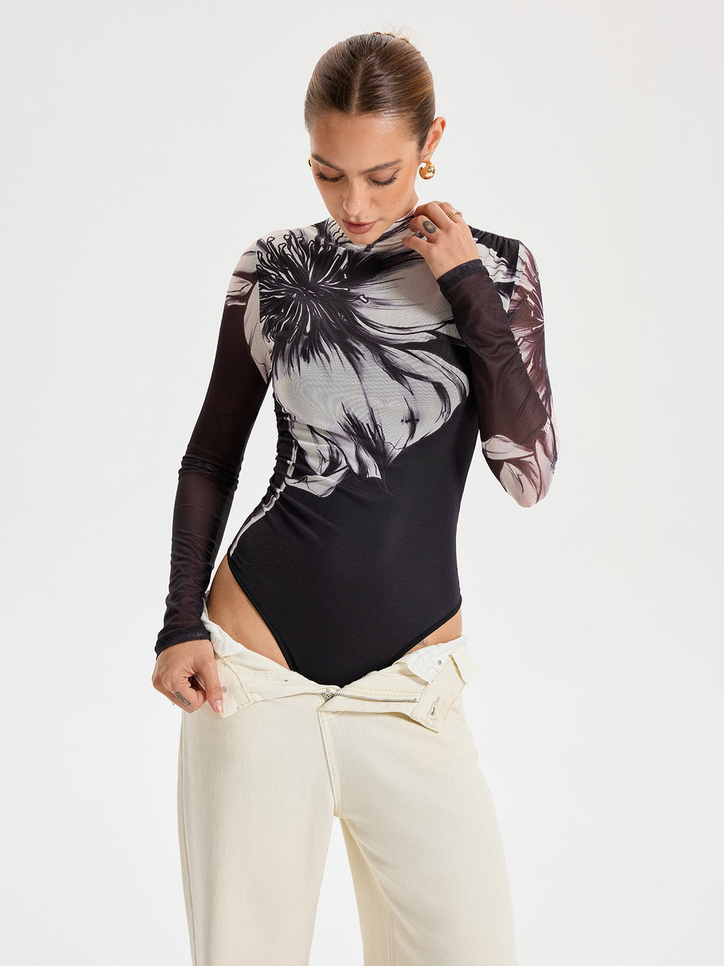 Mesh Bodysuit with Elegant Floral Print Detail