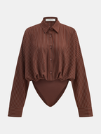 Pinstripe Long Sleeve Bodysuit with Shirt Collar