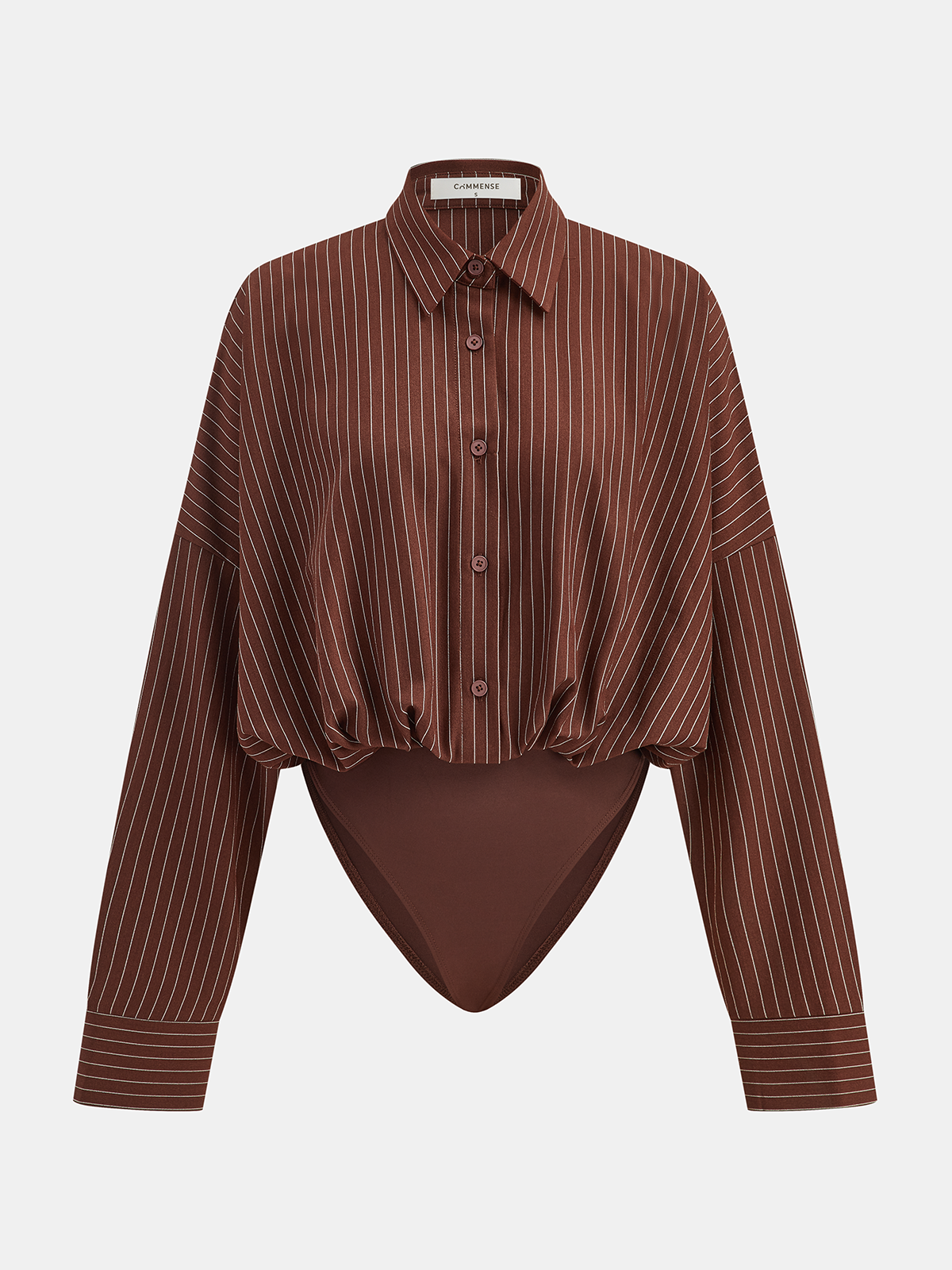 Pinstripe Long Sleeve Bodysuit with Shirt Collar