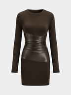 PU Leather Accent Long Sleeve Knitted Dress