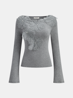 3D Floral Embellished Fitted Soft Knit Top with Pearls
