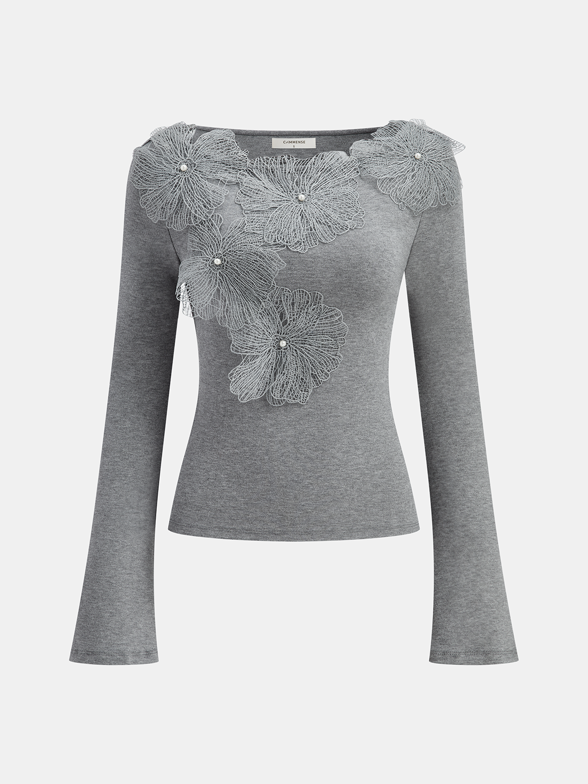 3D Floral Embellished Fitted Soft Knit Top with Pearls