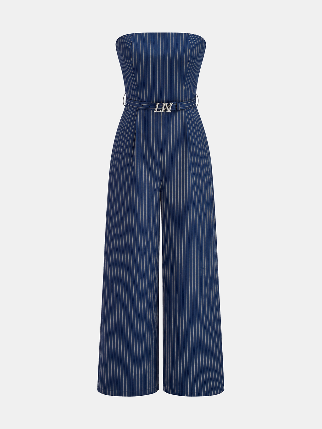 Pinstripe Jumpsuit with Belt and Transparent Straps