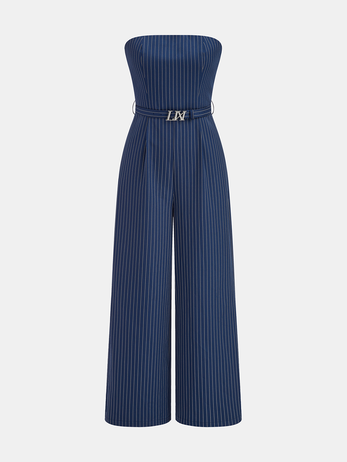 Pinstripe Jumpsuit with Belt and Transparent Straps