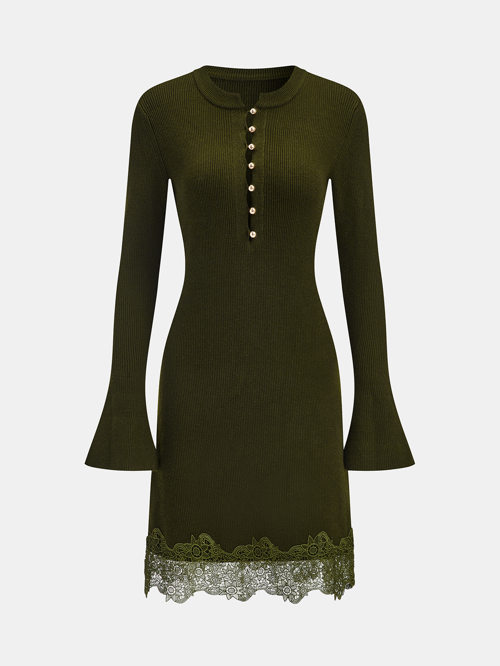Wool Blend Mini Dress with Lace Hem and Buttons