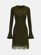 Wool Blend Mini Dress with Lace Hem and Buttons