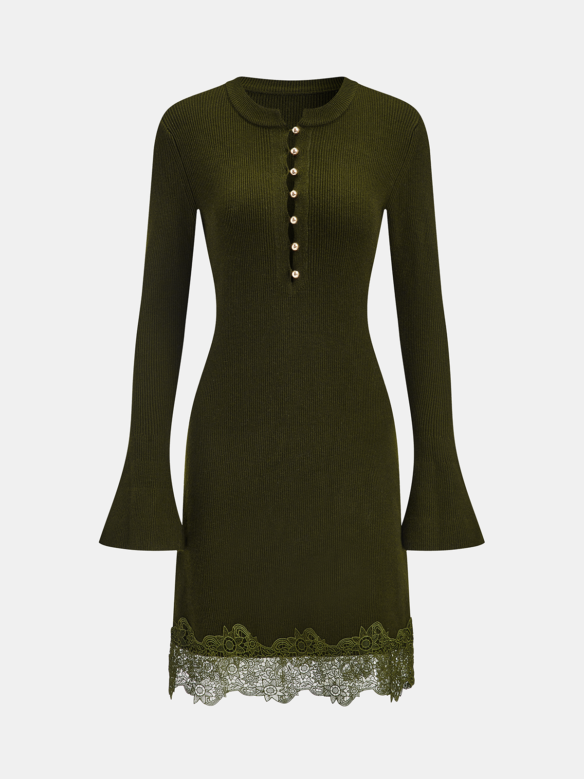 Wool Blend Mini Dress with Lace Hem and Buttons