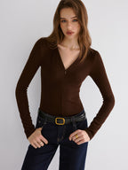 Sleek V-Neck Top with Long Sleeves and Zipper