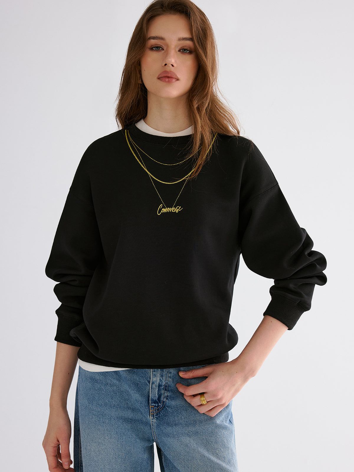 Luxurious Golden Chain Embroidered Crewneck Sweatshirt