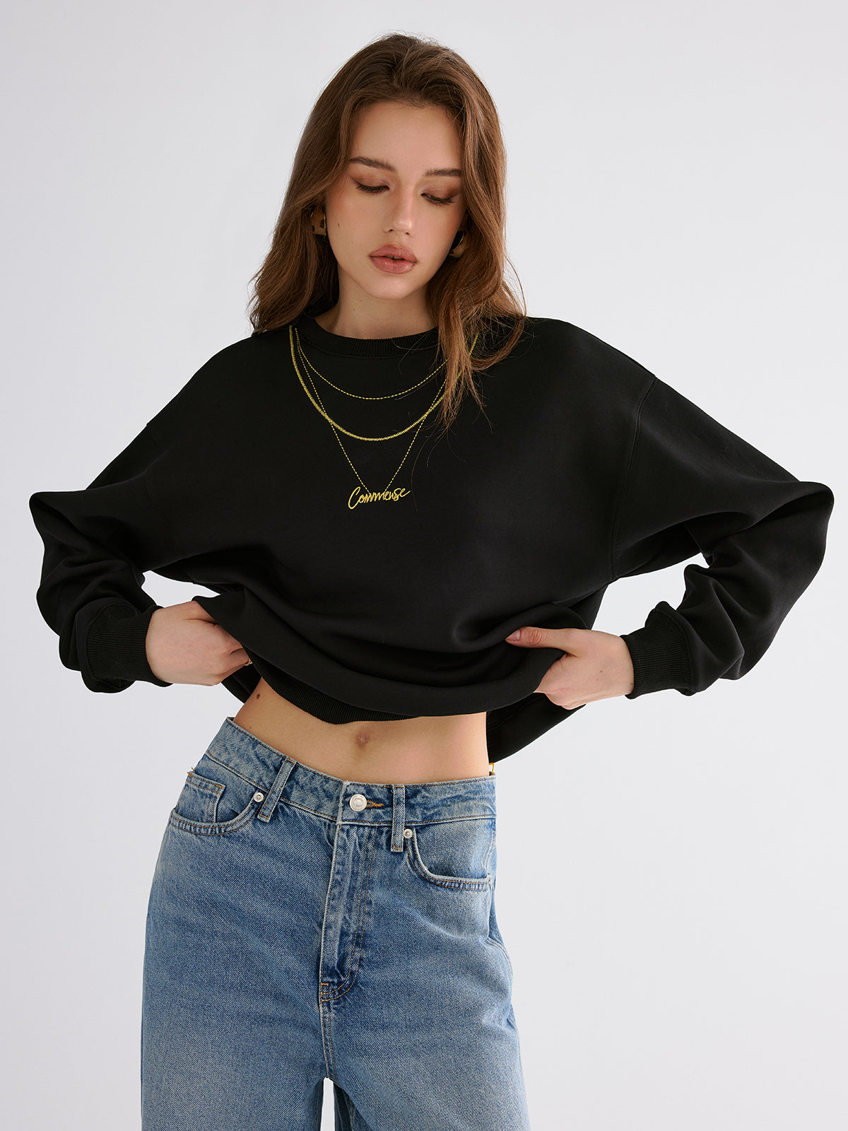Luxurious Golden Chain Embroidered Crewneck Sweatshirt