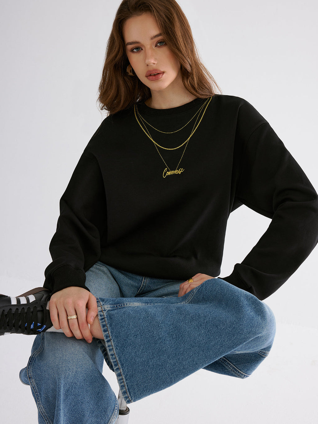 Luxurious Golden Chain Embroidered Crewneck Sweatshirt
