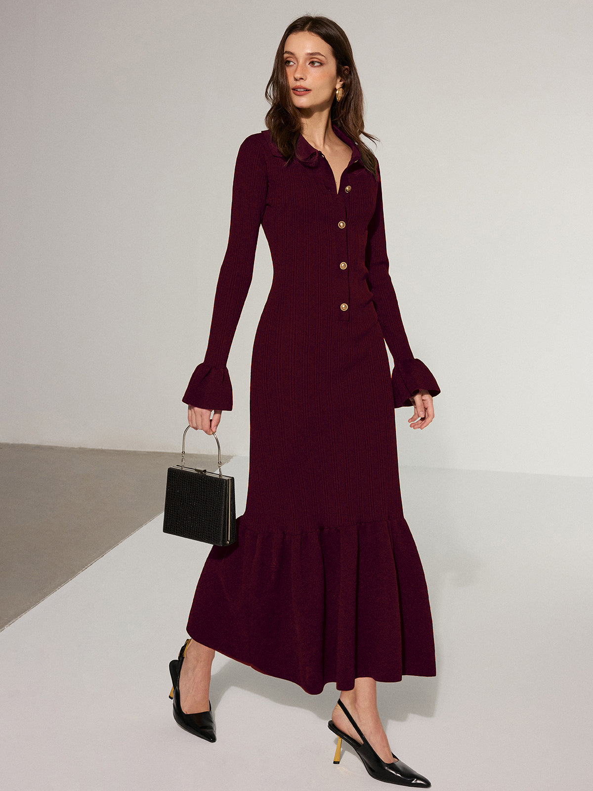 Collared Knit Maxi Dress with Mermaid Hem
