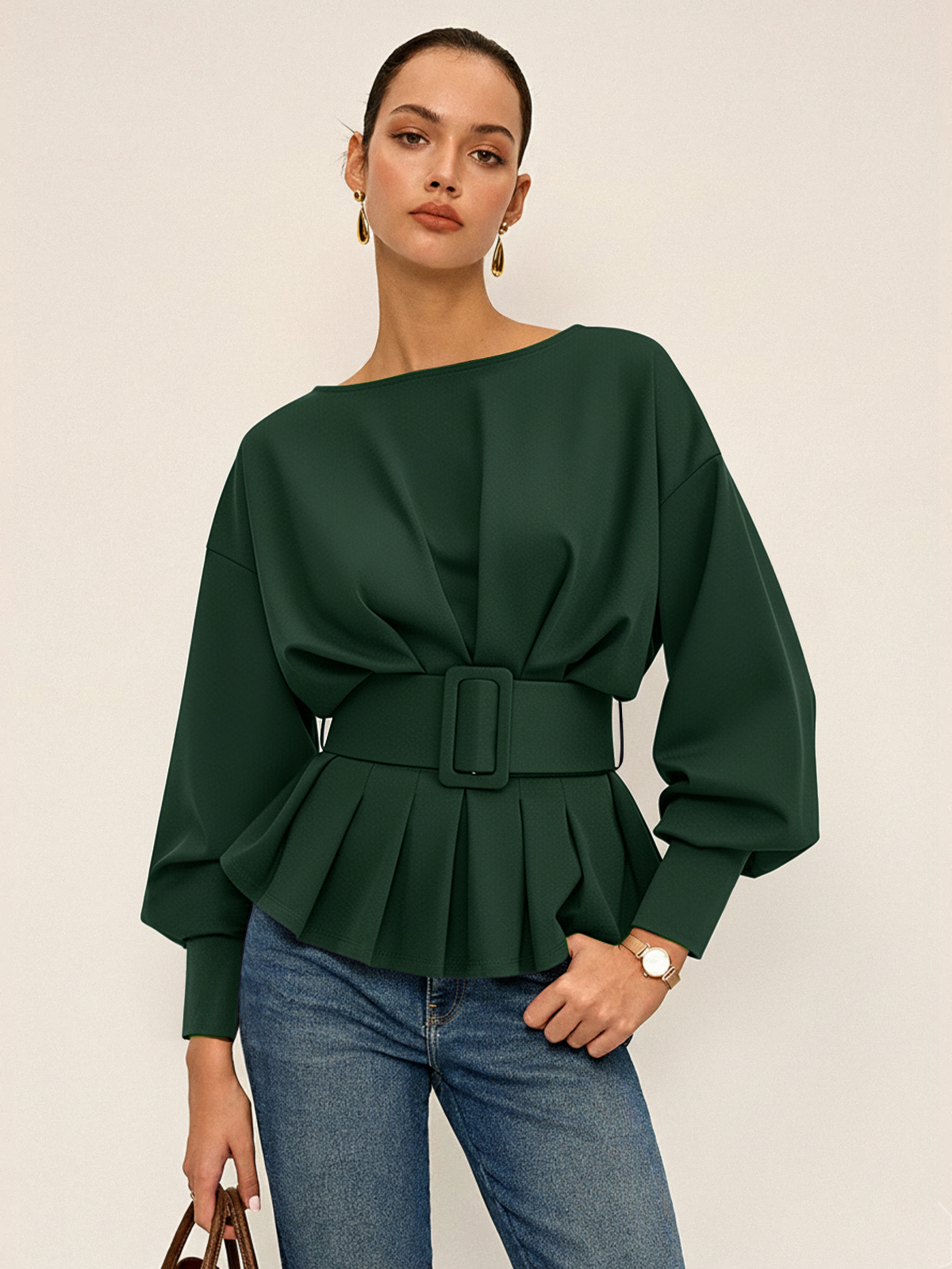 Boat Neck Sweatshirt with Peplum and Wide Belt
