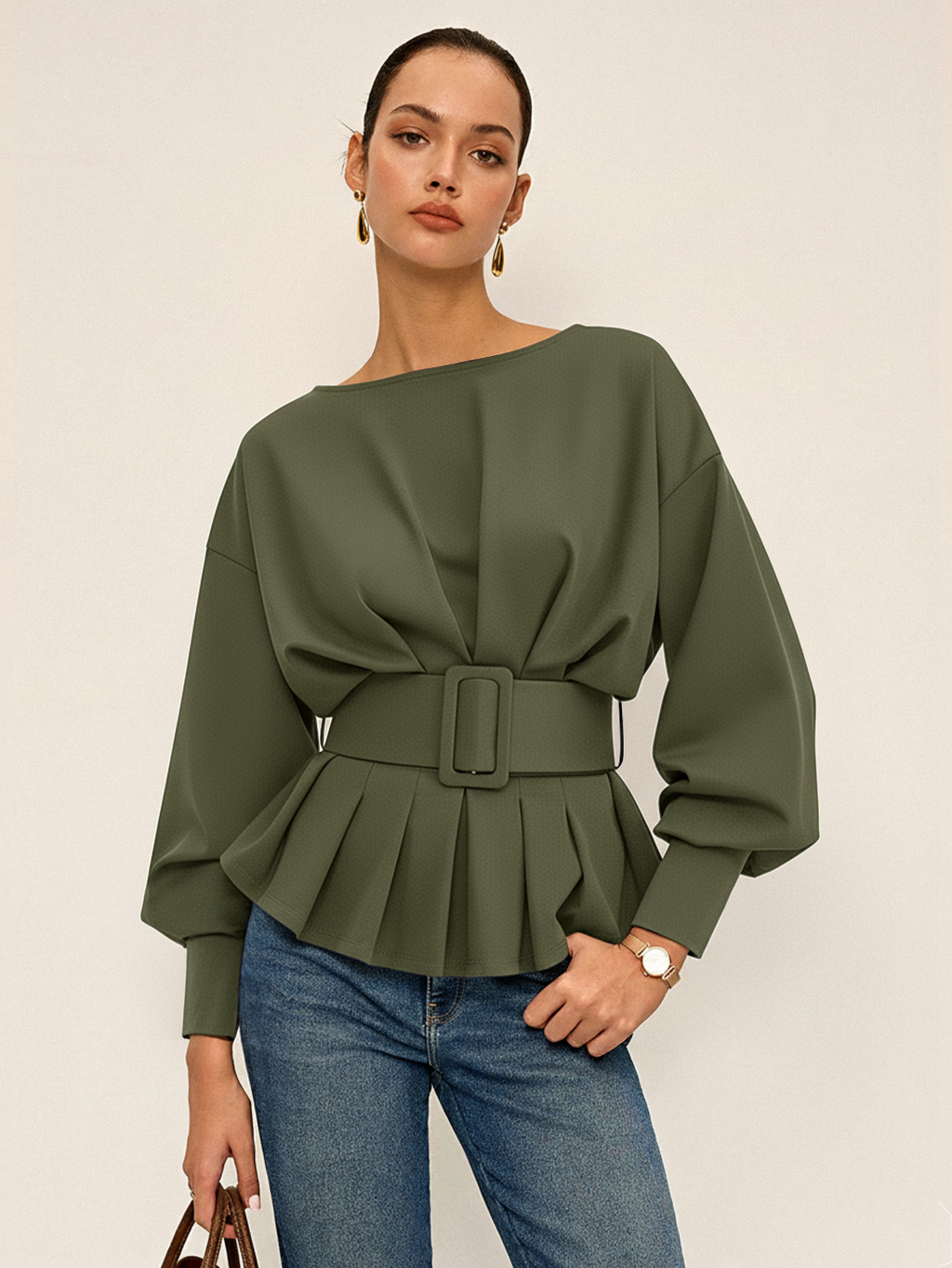 Boat Neck Sweatshirt with Peplum and Wide Belt