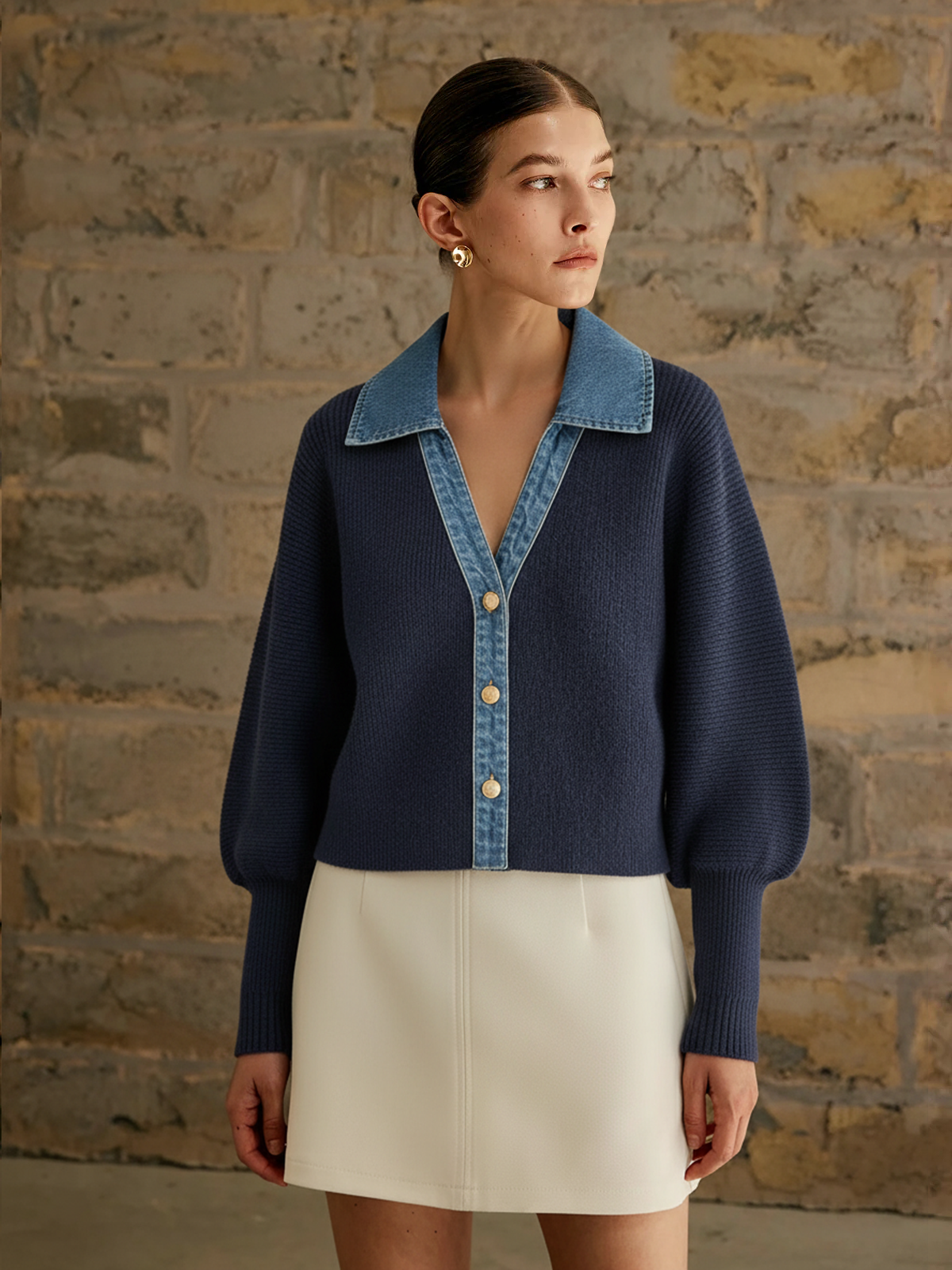 Denim Accent Knit Cardigan with Leg-of-Mutton Sleeves
